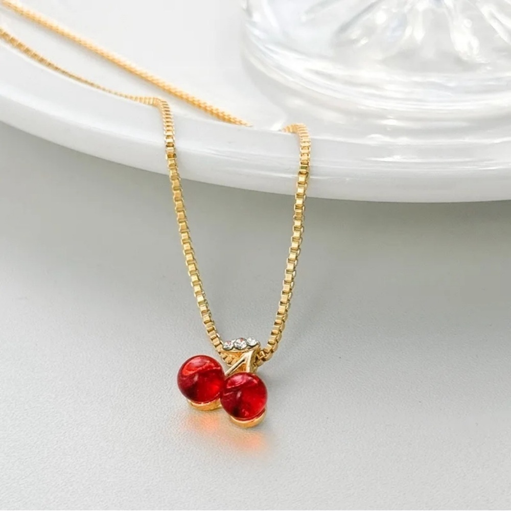 Elegant Gold Color & Cherry Pendant Necklace - NWOT